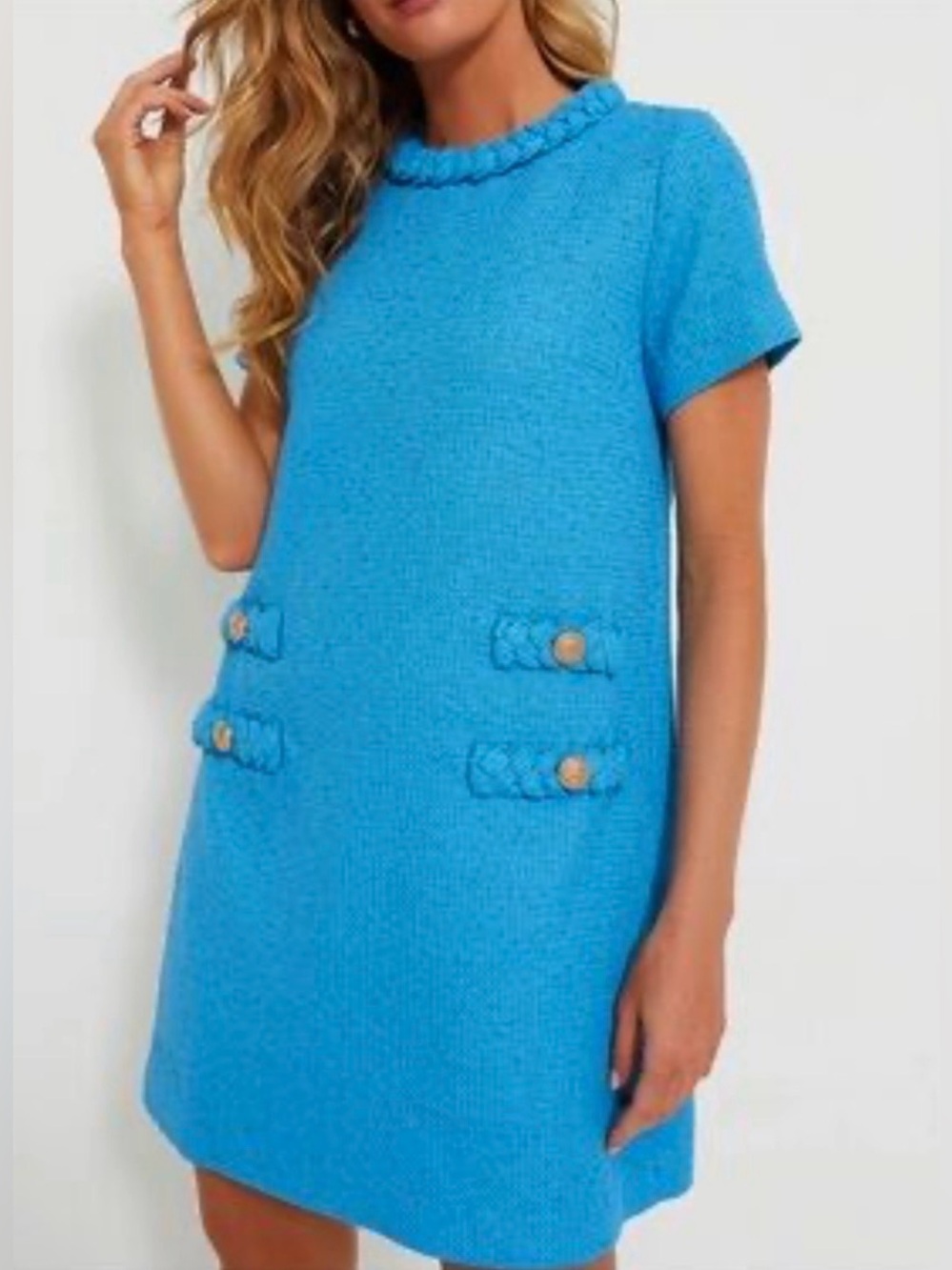 Tuckernuck Jackie Malibu Blue Tweed Braided Trim Shift Dress Size Large NEW!